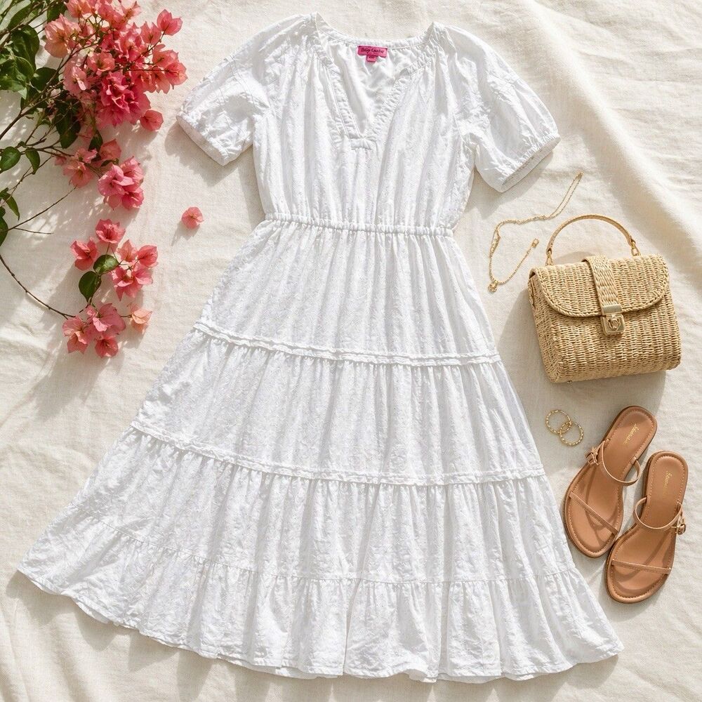 Betsey Johnson Tiered Midi Dress White Confetti Ruffle Prairie Cottagecore Large